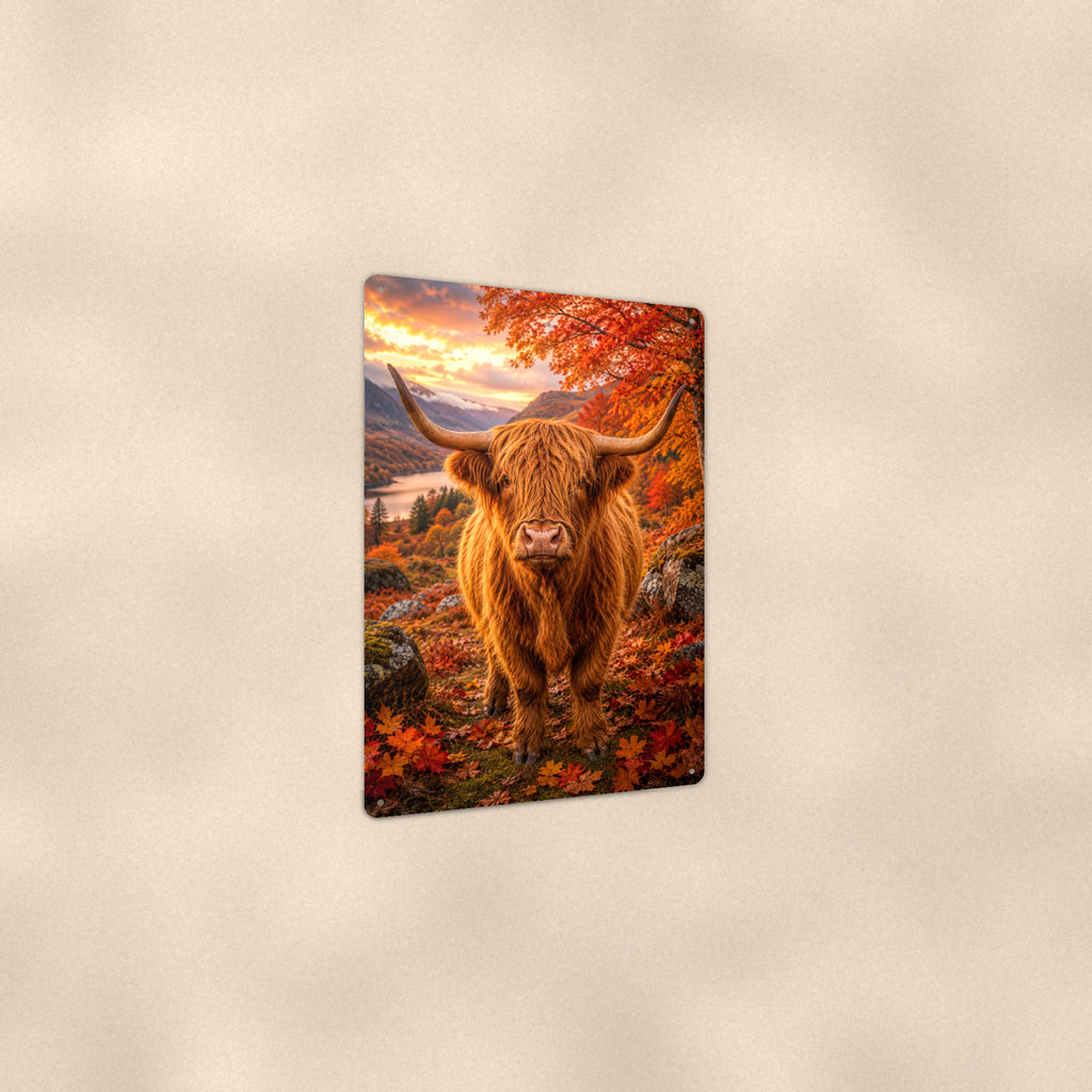Highland Cow in Autumn Maples aluminum metal sign 8" x 12" - angled view showing glossy finish