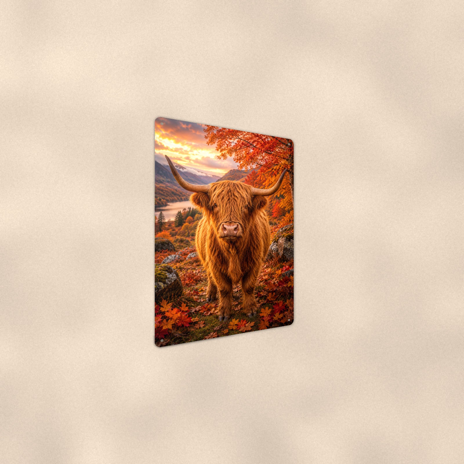 Highland Cow in Autumn Maples aluminum metal sign 8" x 12" - angled wall view from a wider angle