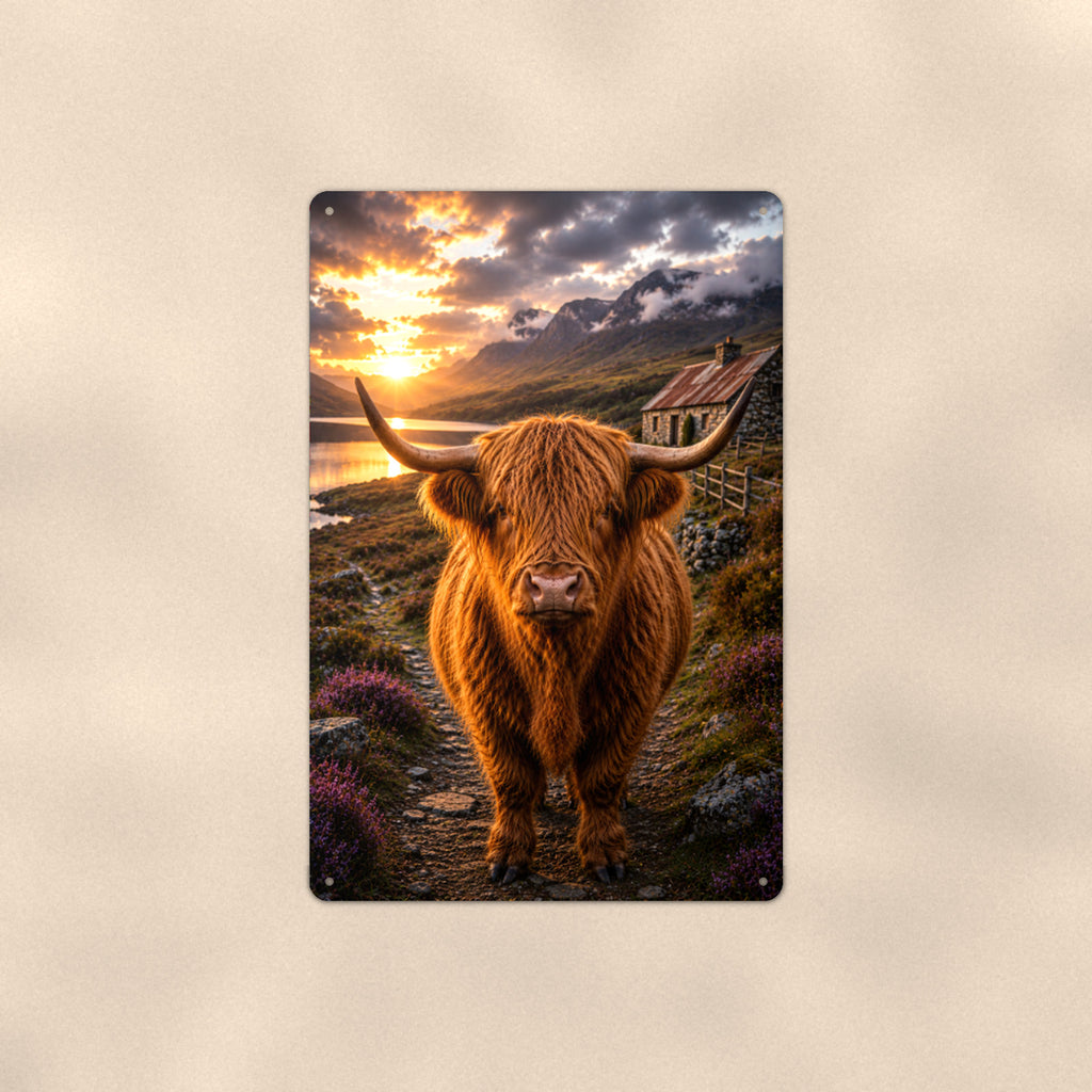Highland Cow on the Coastal Path aluminum metal sign 8" x 12" - front view on warm wall