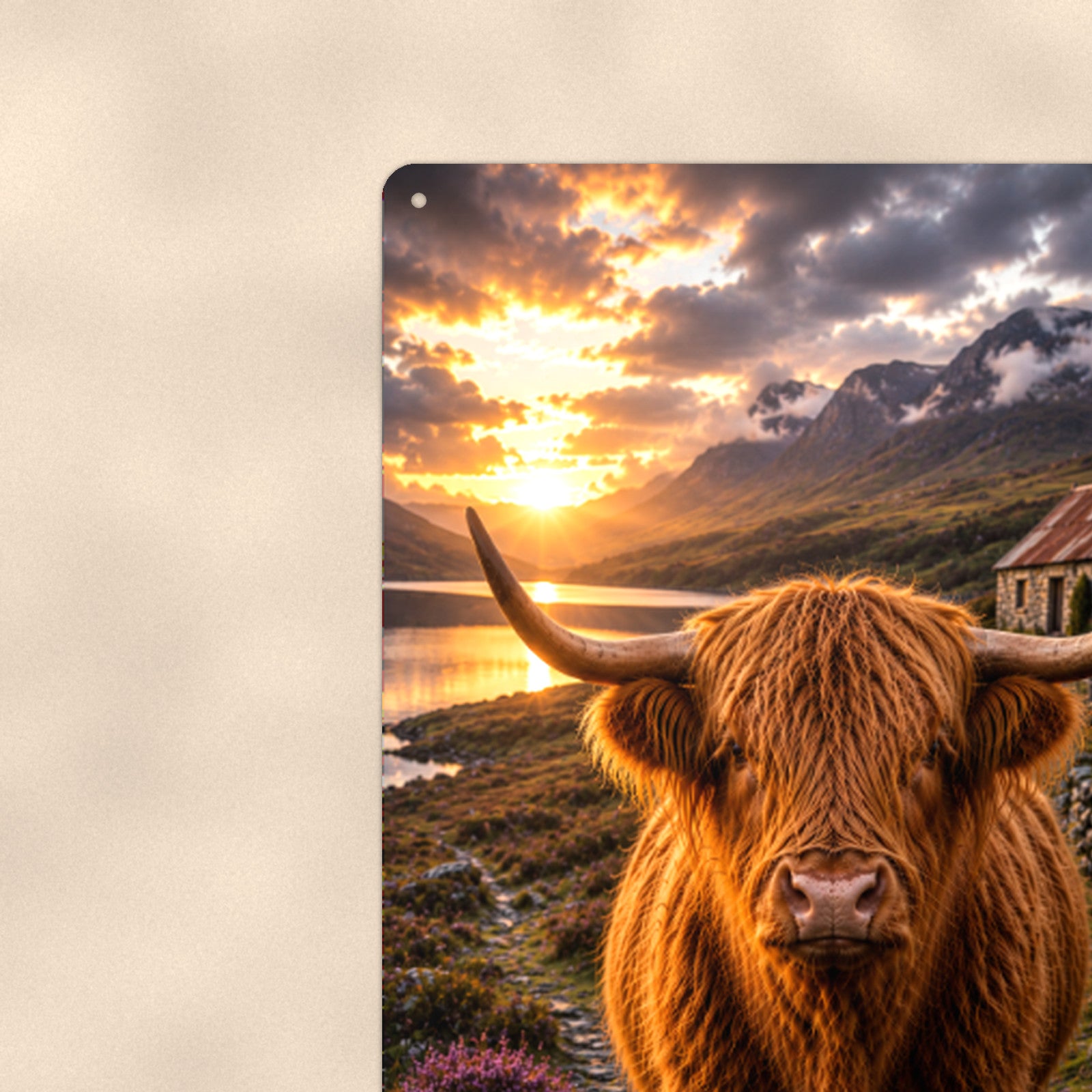 Highland Cow on the Coastal Path aluminum metal sign 8" x 12" - close-up view of the printed artwork