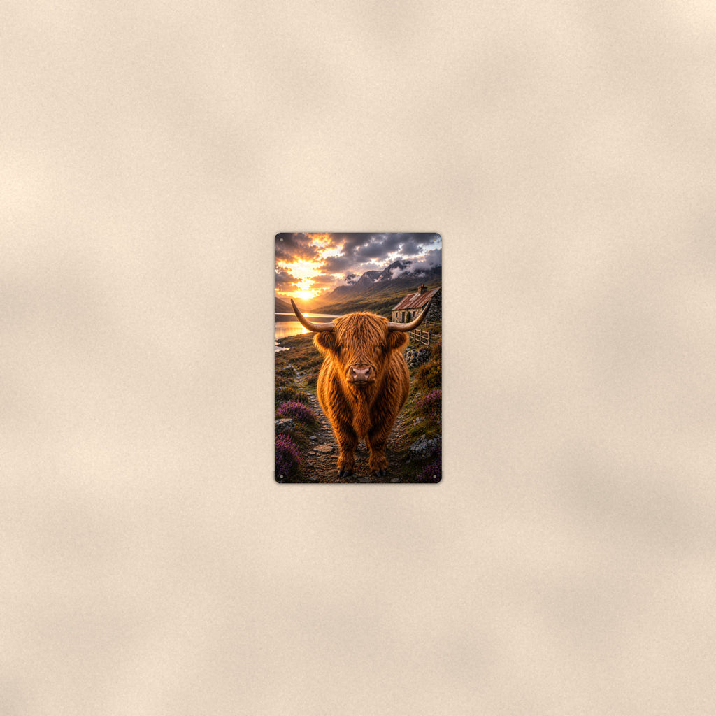 Highland Cow on the Coastal Path aluminum metal sign 8" x 12" - room view on warm wall