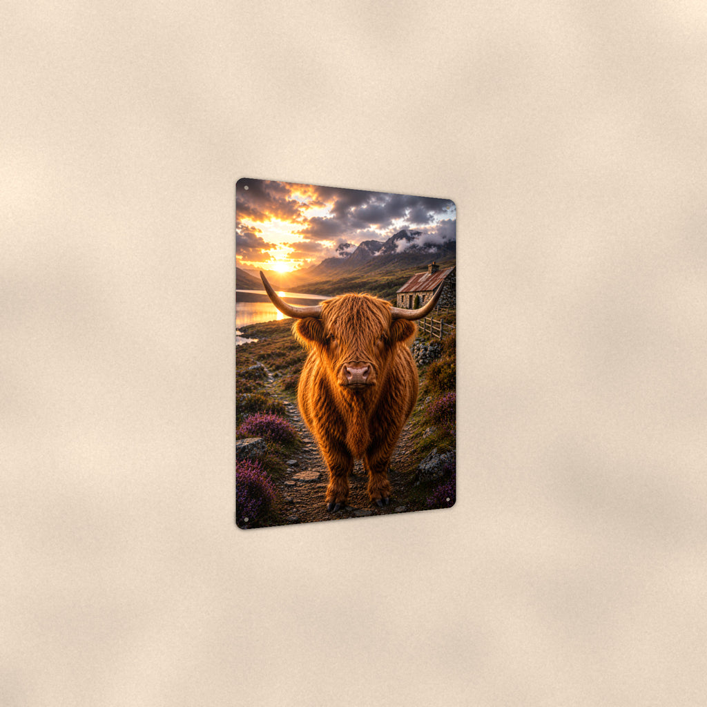 Highland Cow on the Coastal Path aluminum metal sign 8" x 12" - angled view showing glossy finish