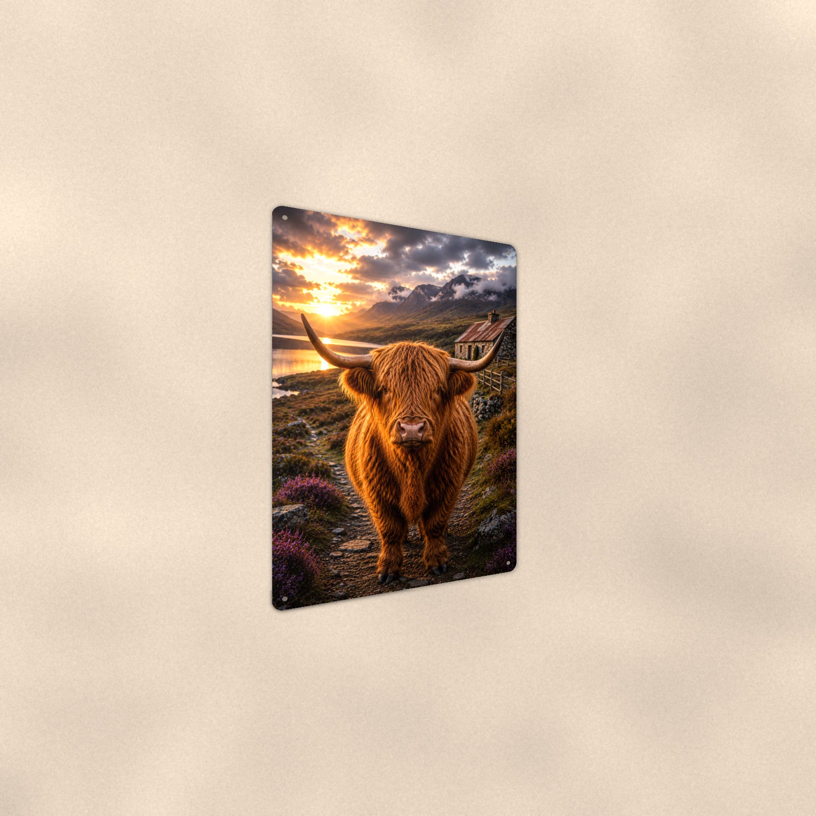 Highland Cow on the Coastal Path aluminum metal sign 8" x 12" - angled wall view from a wider angle