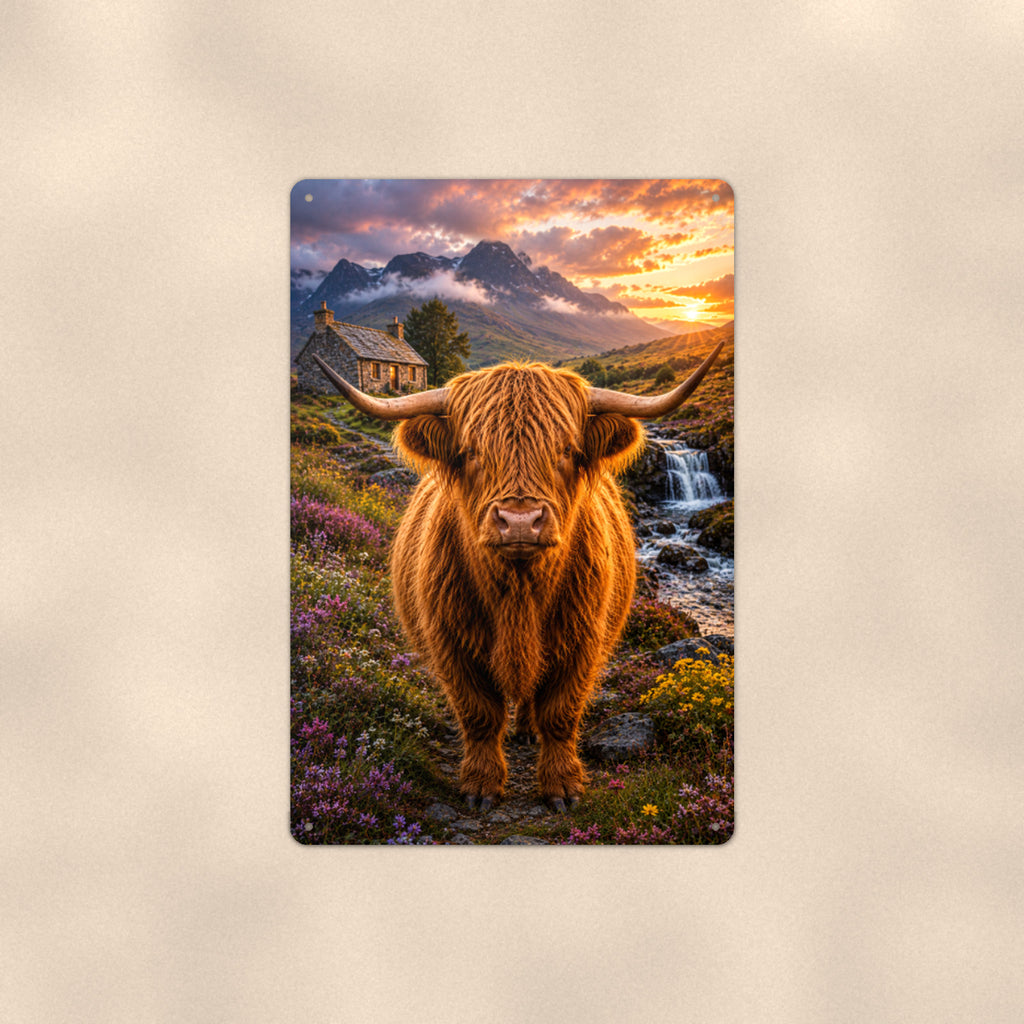 Highland Cow by the Waterfall Cottage aluminum metal sign 8" x 12" - front view on warm wall