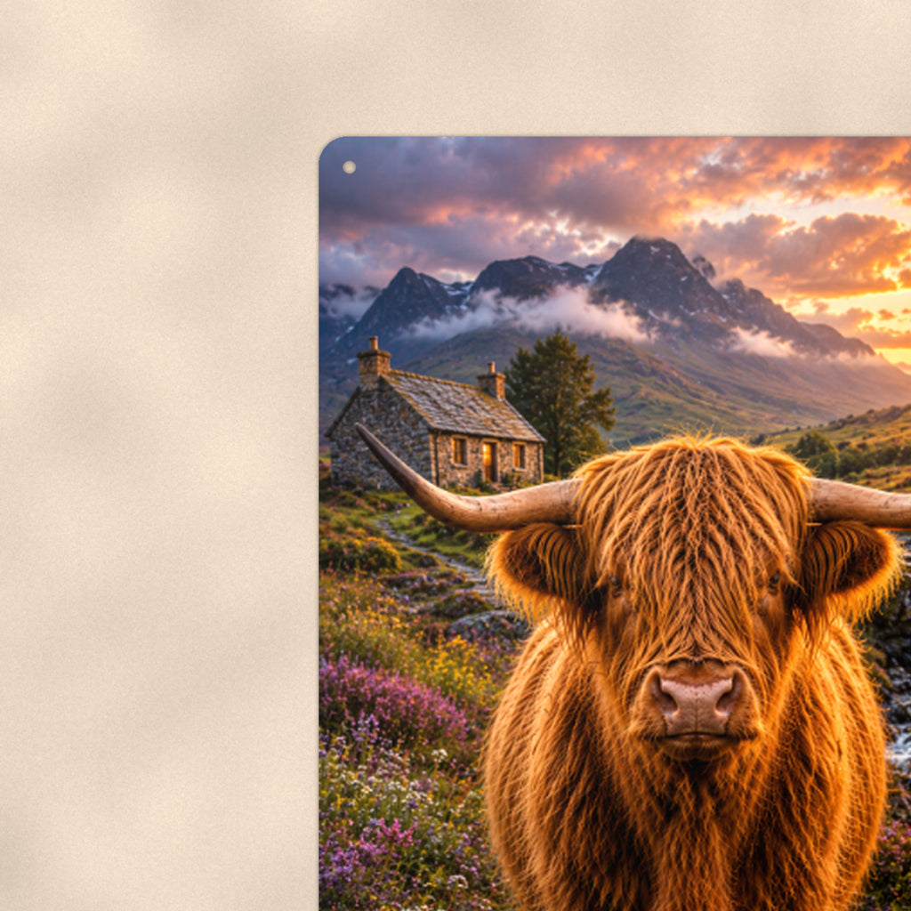 Highland Cow by the Waterfall Cottage aluminum metal sign 8" x 12" - close-up view of the printed artwork
