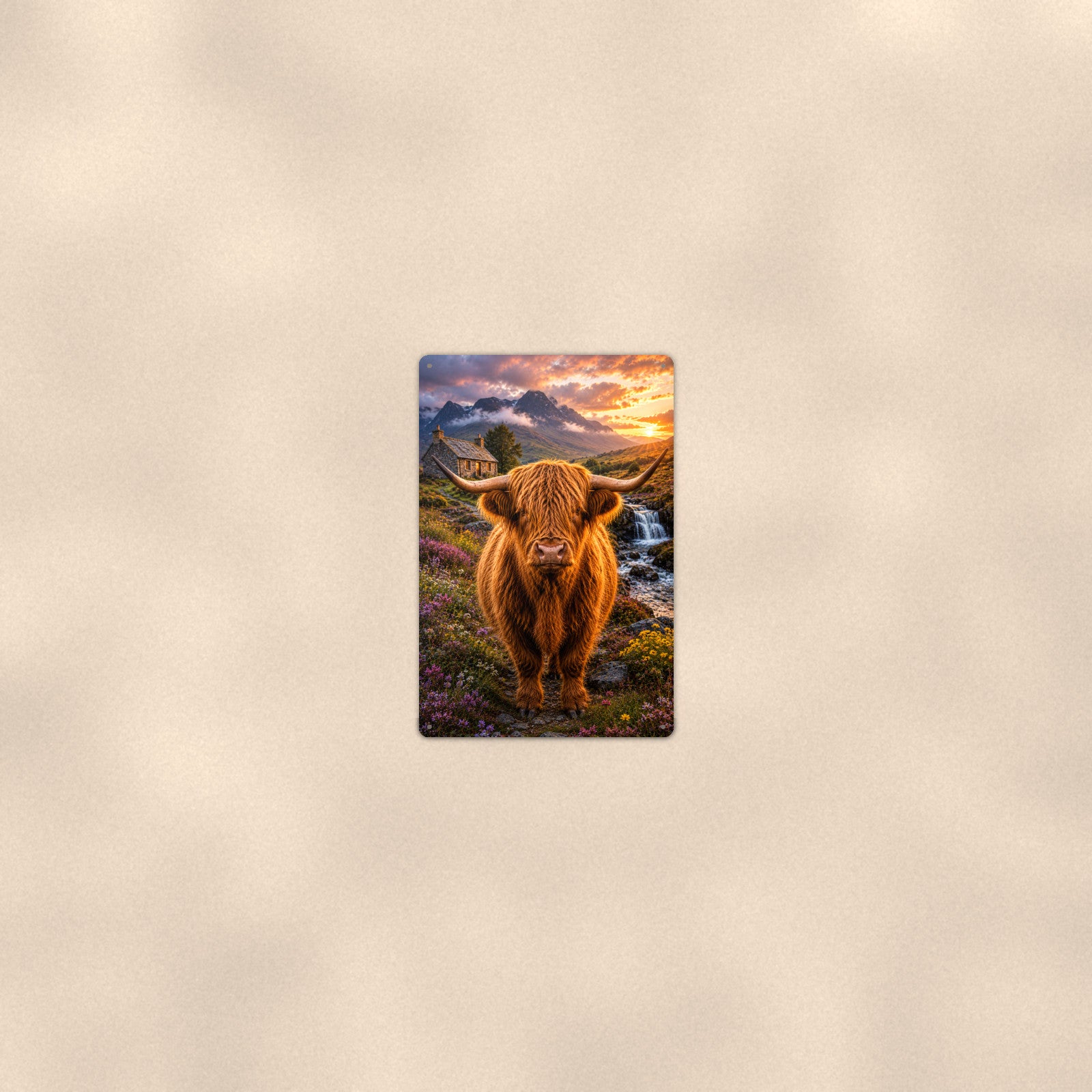 Highland Cow by the Waterfall Cottage aluminum metal sign 8" x 12" - room view on warm wall