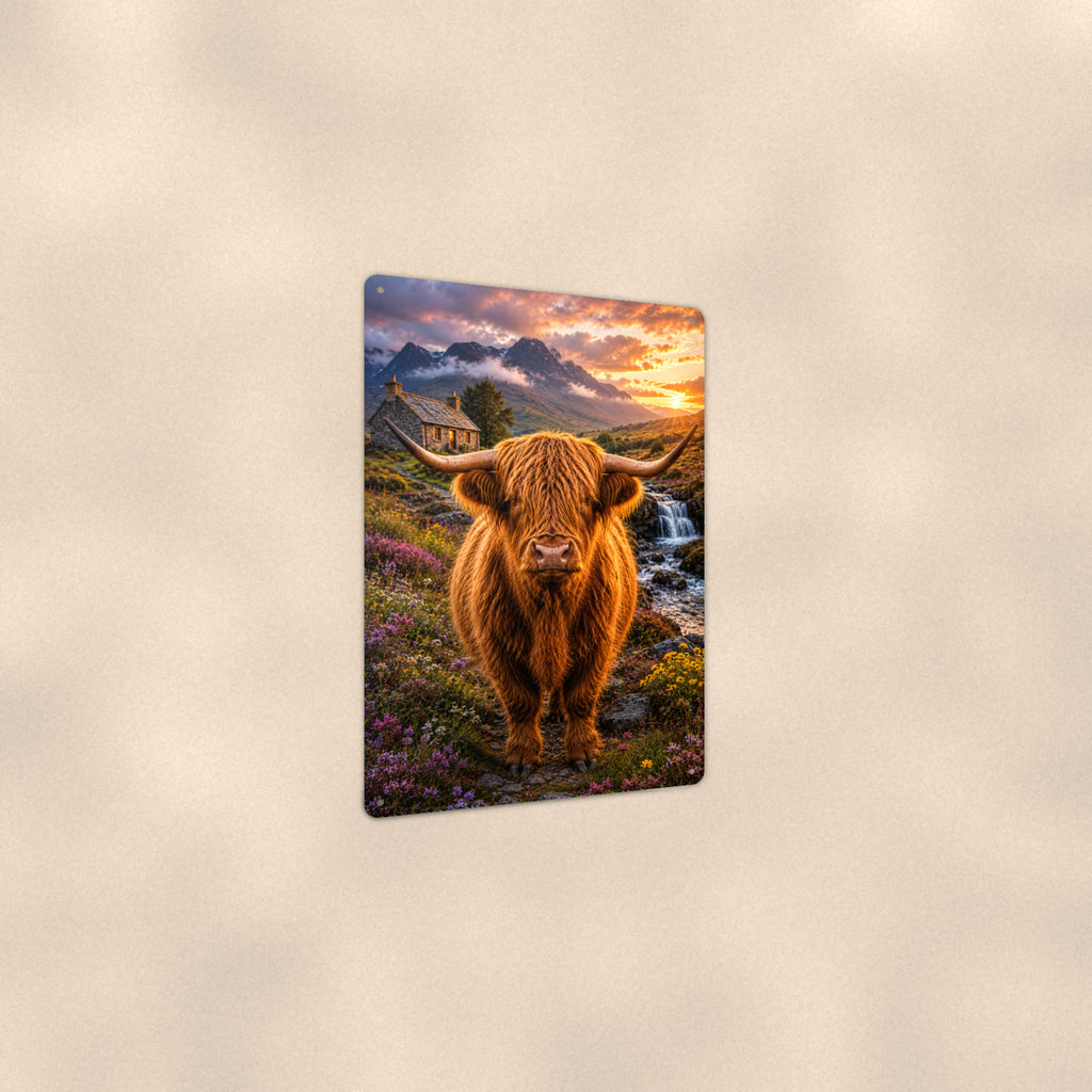 Highland Cow by the Waterfall Cottage aluminum metal sign 8" x 12" - angled view showing glossy finish