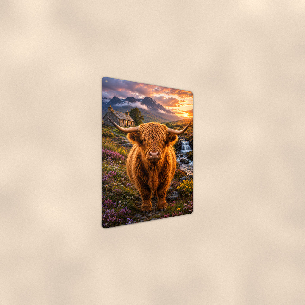 Highland Cow by the Waterfall Cottage aluminum metal sign 8" x 12" - angled wall view from a wider angle