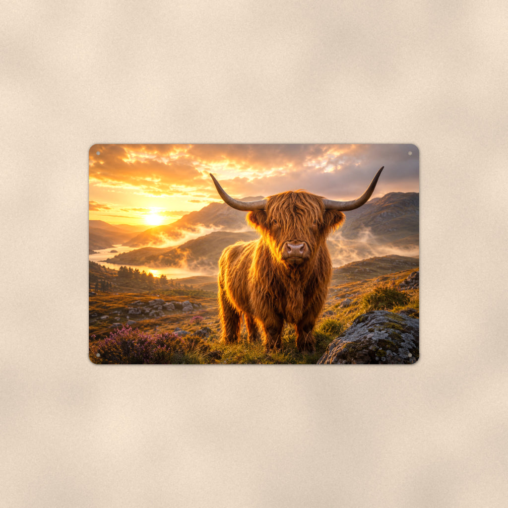 Highland Cow in Golden Mist aluminum metal sign 12" x 8" - front view on warm wall