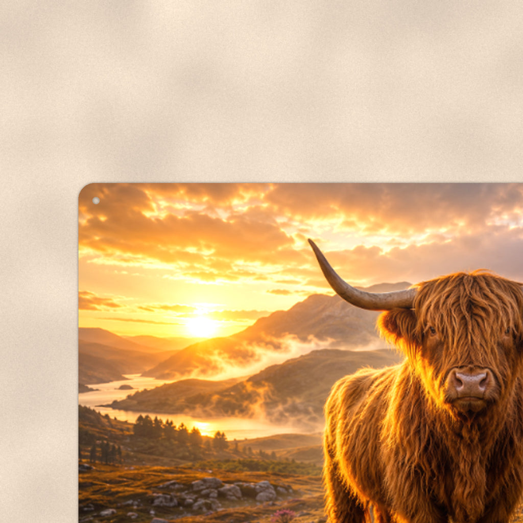 Highland Cow in Golden Mist aluminum metal sign 12" x 8" - close-up view of the printed artwork