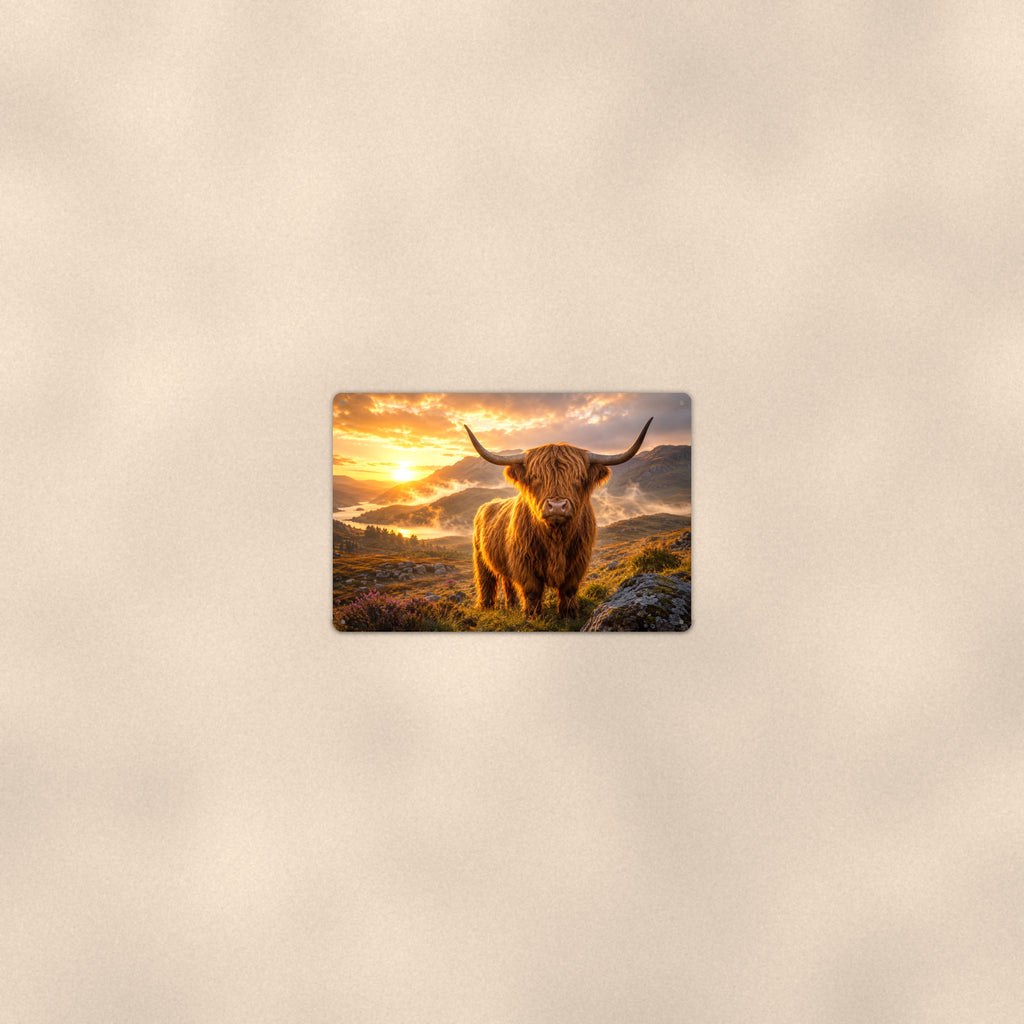 Highland Cow in Golden Mist aluminum metal sign 12" x 8" - room view on warm wall