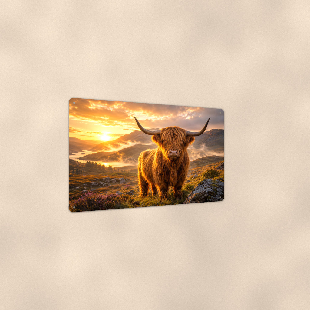 Highland Cow in Golden Mist aluminum metal sign 12" x 8" - angled view showing glossy finish