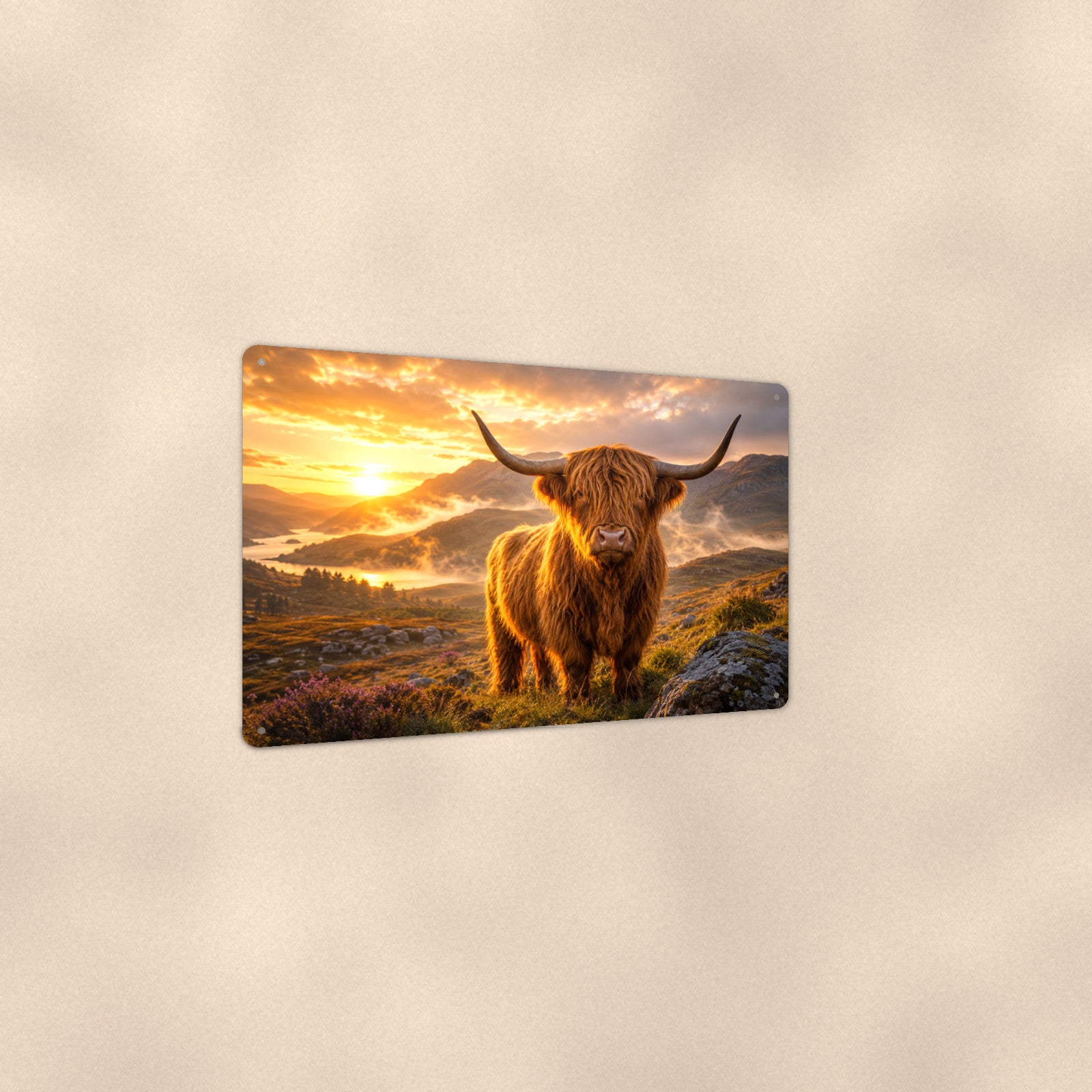 Highland Cow in Golden Mist aluminum metal sign 12" x 8" - angled view showing glossy finish