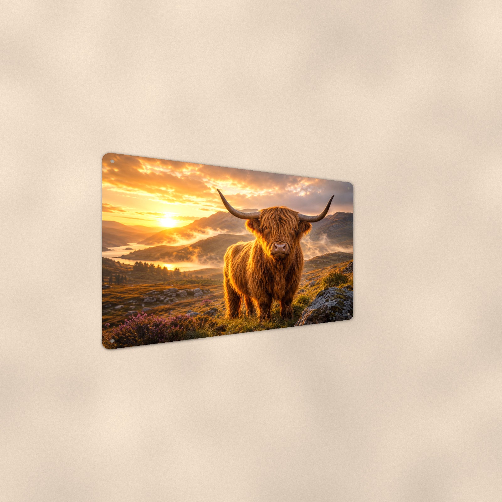 Highland Cow in Golden Mist aluminum metal sign 12" x 8" - angled wall view from a wider angle
