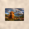 Highland Cow Rainbow Loch aluminum metal sign 12" x 8" - front view on warm wall
