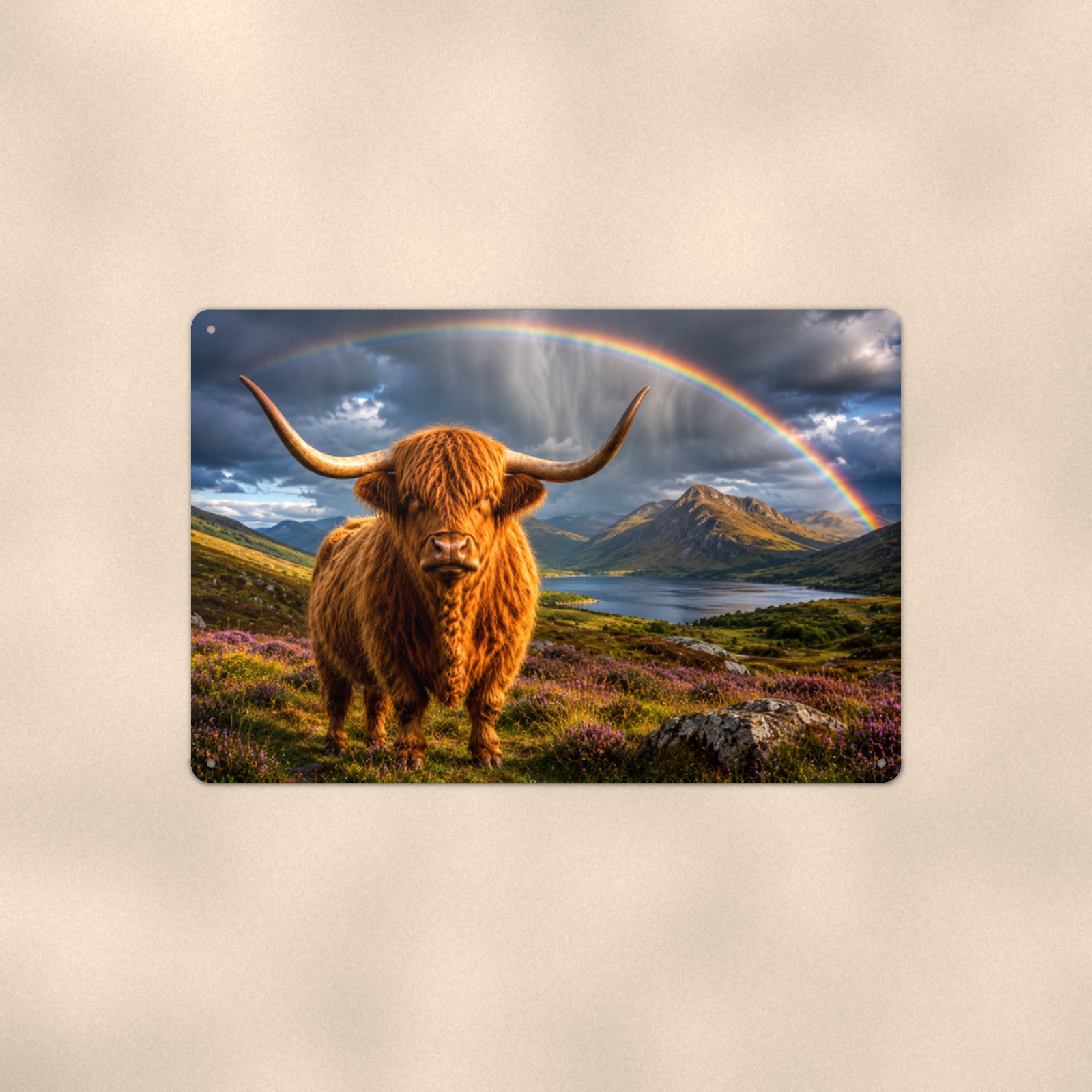 Highland Cow Rainbow Loch aluminum metal sign 12" x 8" - front view on warm wall