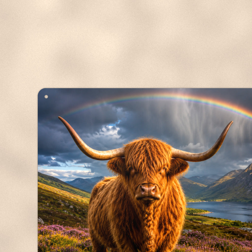 Highland Cow Rainbow Loch aluminum metal sign 12" x 8" - close-up view of the printed artwork