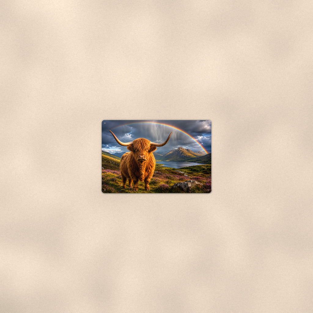 Highland Cow Rainbow Loch aluminum metal sign 12" x 8" - room view on warm wall