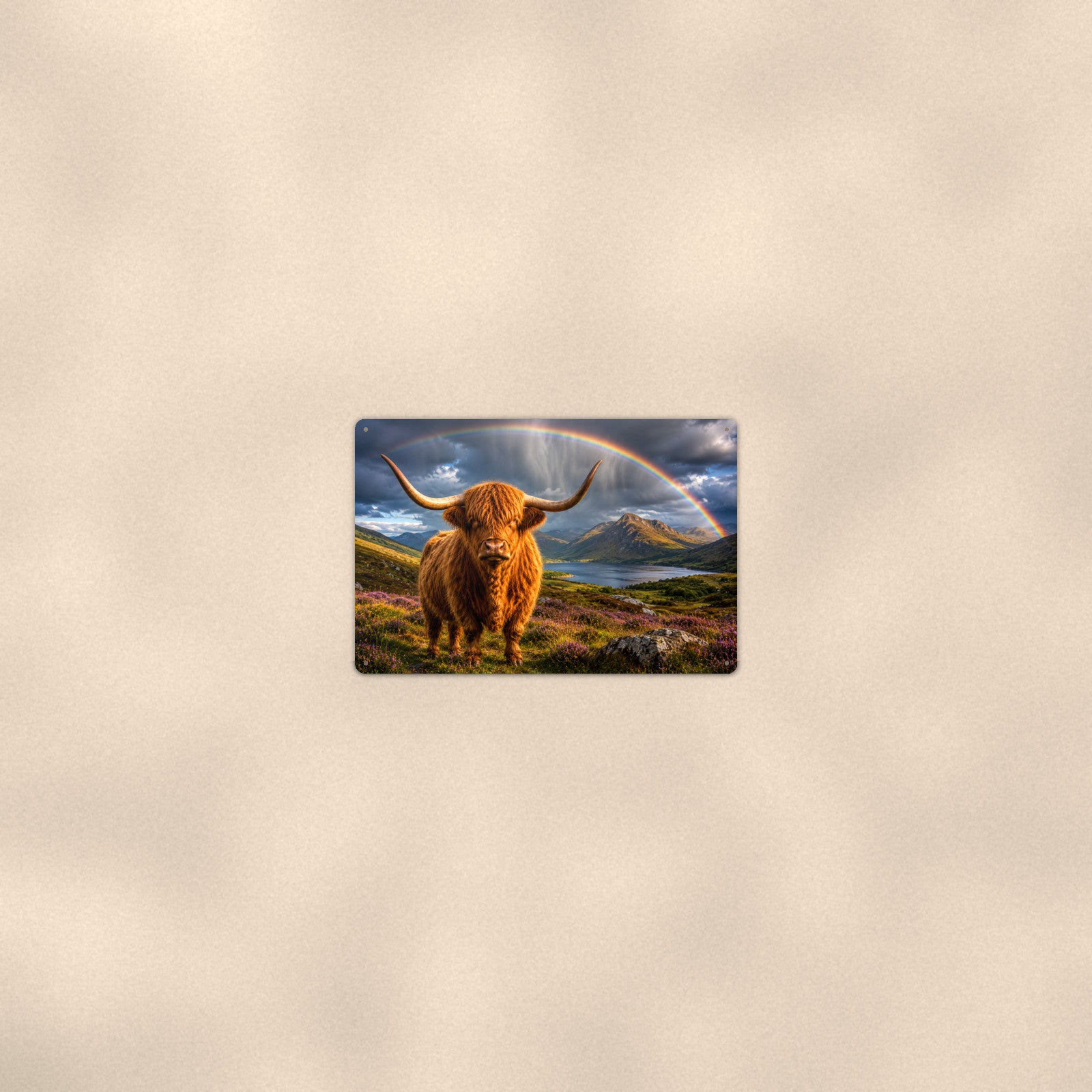 Highland Cow Rainbow Loch aluminum metal sign 12" x 8" - room view on warm wall