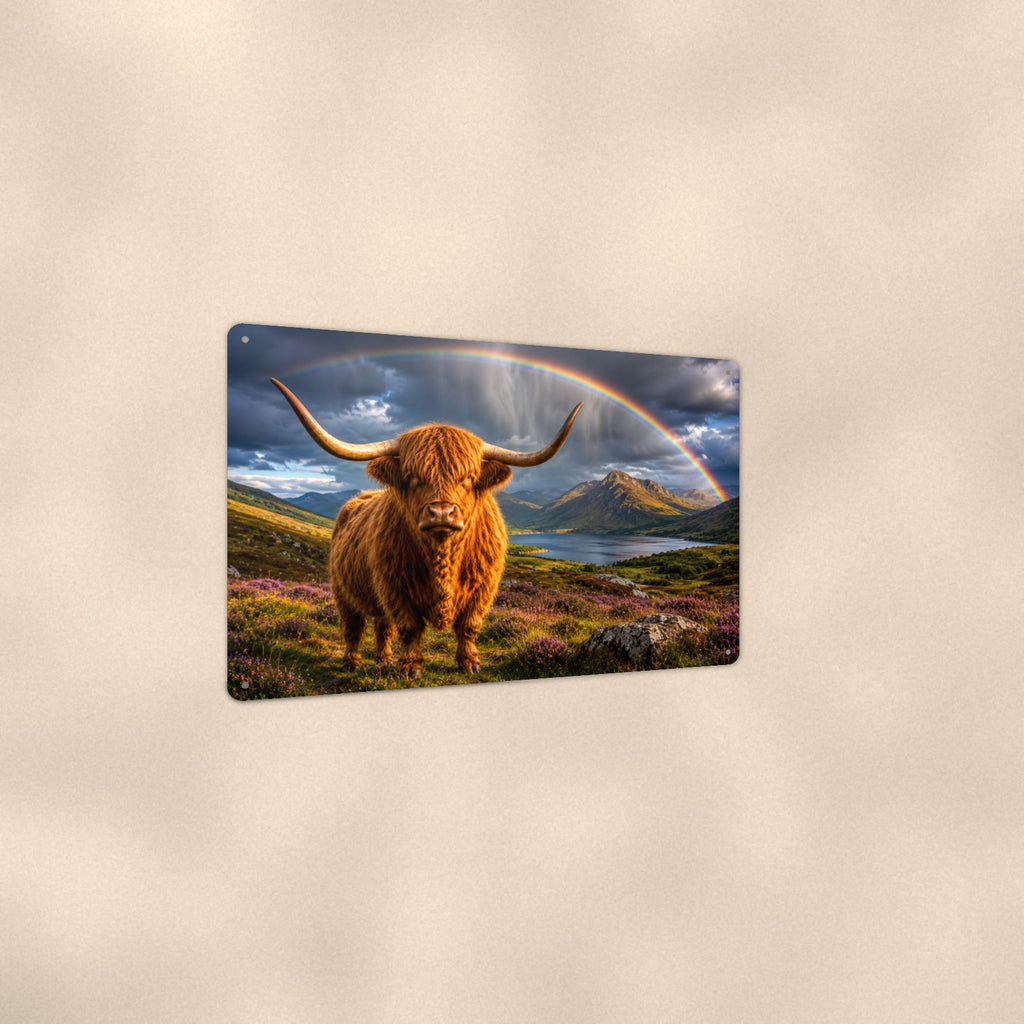 Highland Cow Rainbow Loch aluminum metal sign 12" x 8" - angled view showing glossy finish
