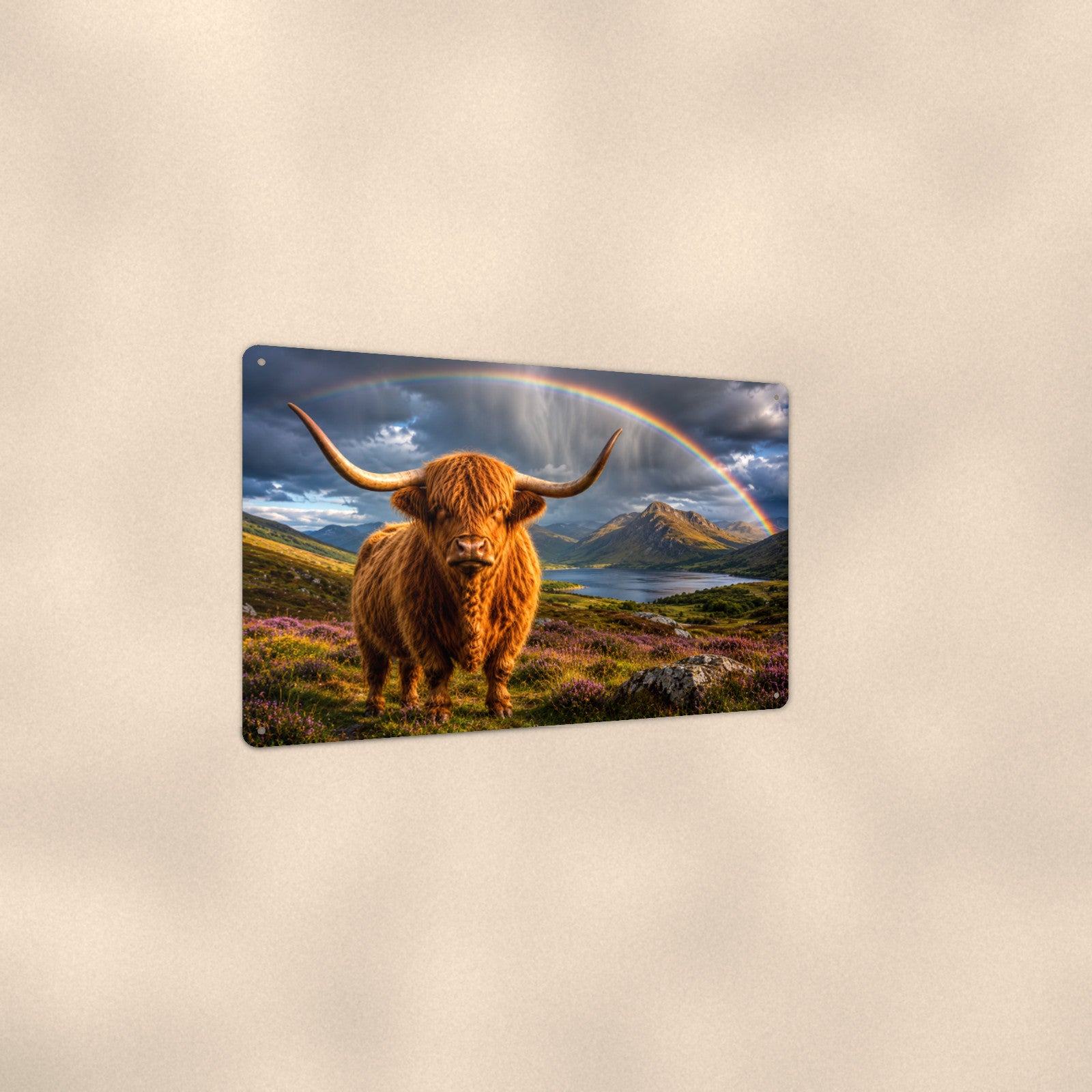 Highland Cow Rainbow Loch aluminum metal sign 12" x 8" - angled view showing glossy finish