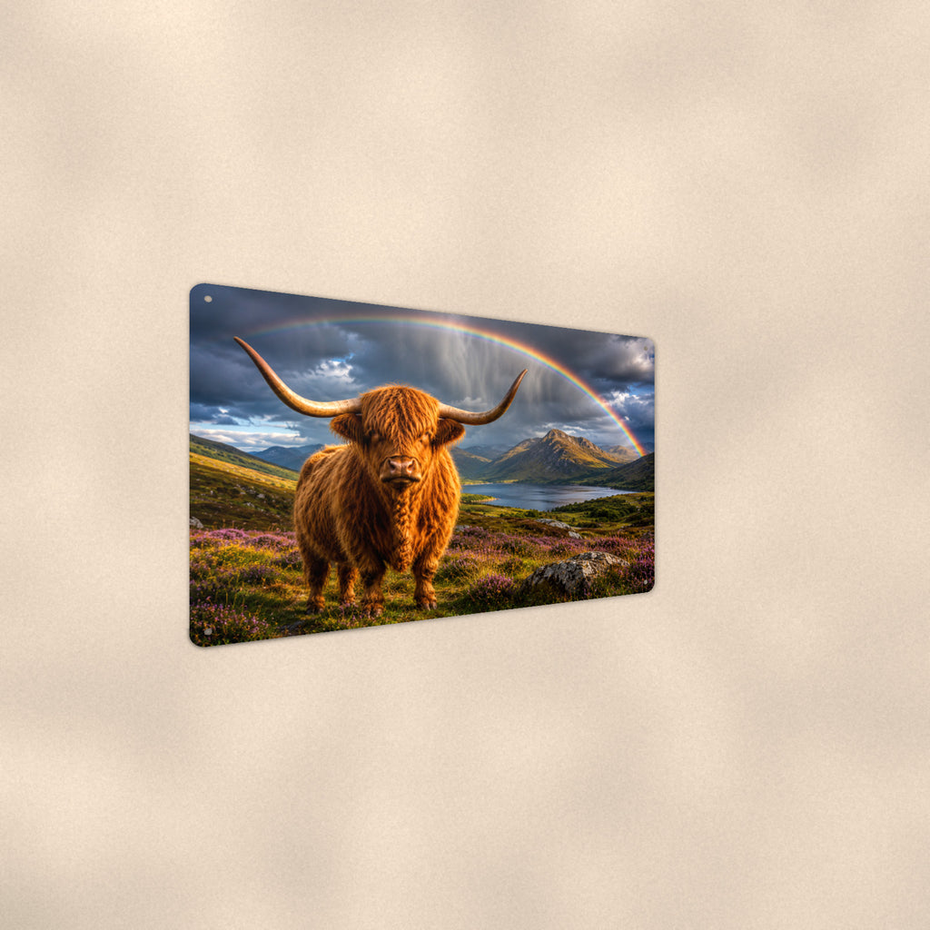 Highland Cow Rainbow Loch aluminum metal sign 12" x 8" - angled wall view from a wider angle