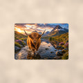 Highland Cow Mountain Stream aluminum metal sign 12" x 8" - front view on warm wall