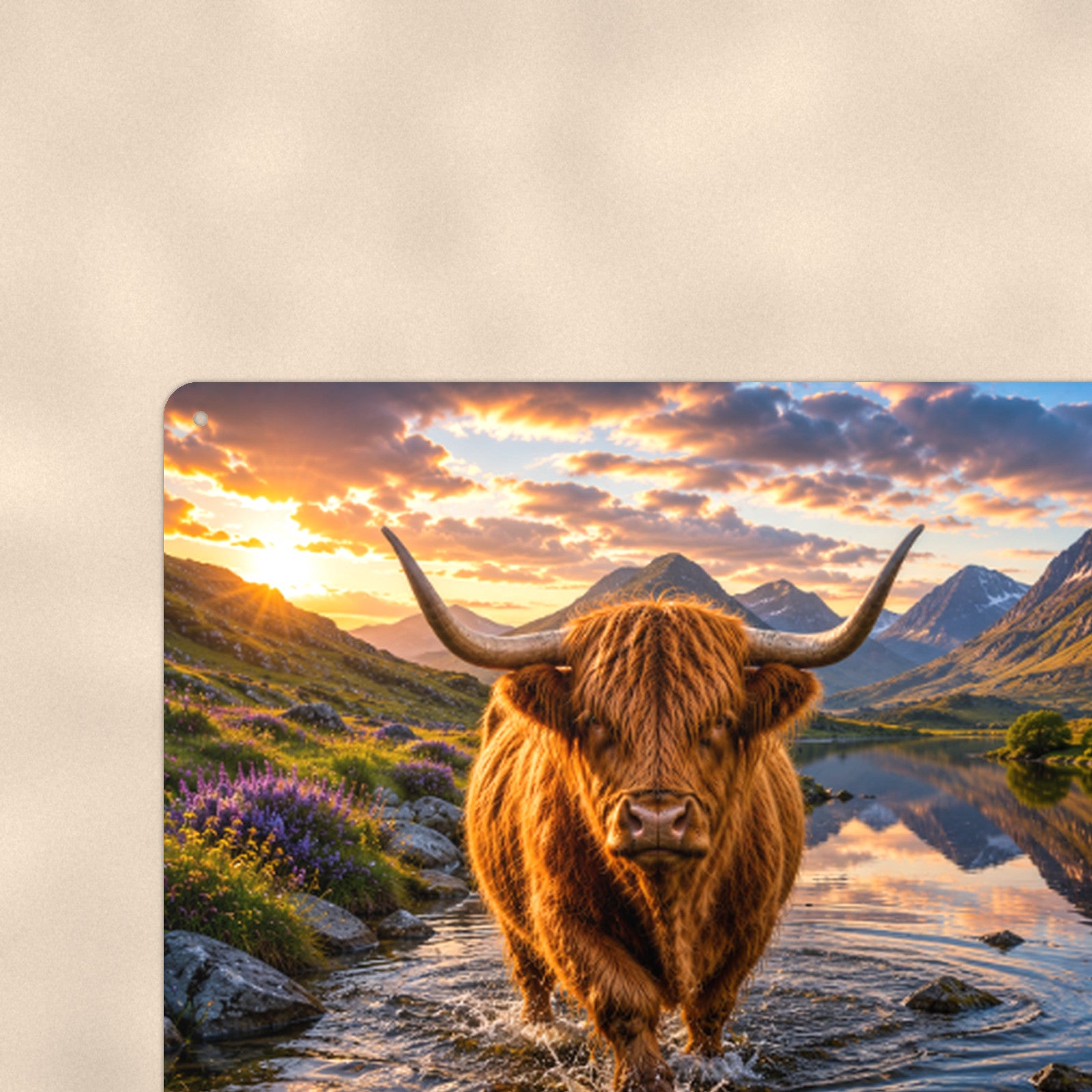 Highland Cow Mountain Stream aluminum metal sign 12" x 8" - close-up view of the printed artwork