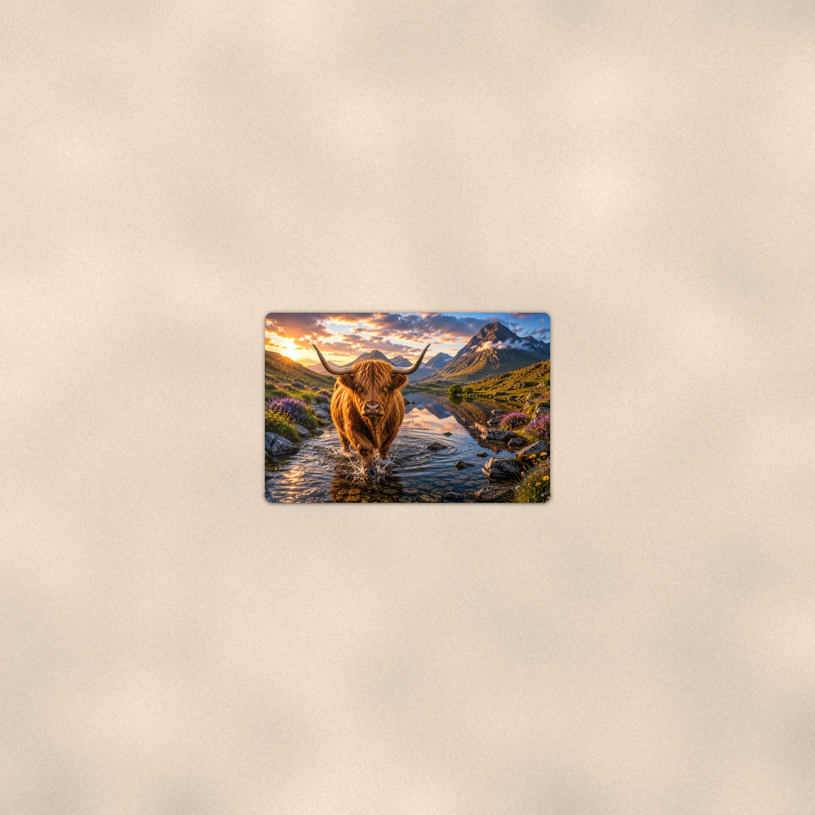 Highland Cow Mountain Stream aluminum metal sign 12" x 8" - room view on warm wall