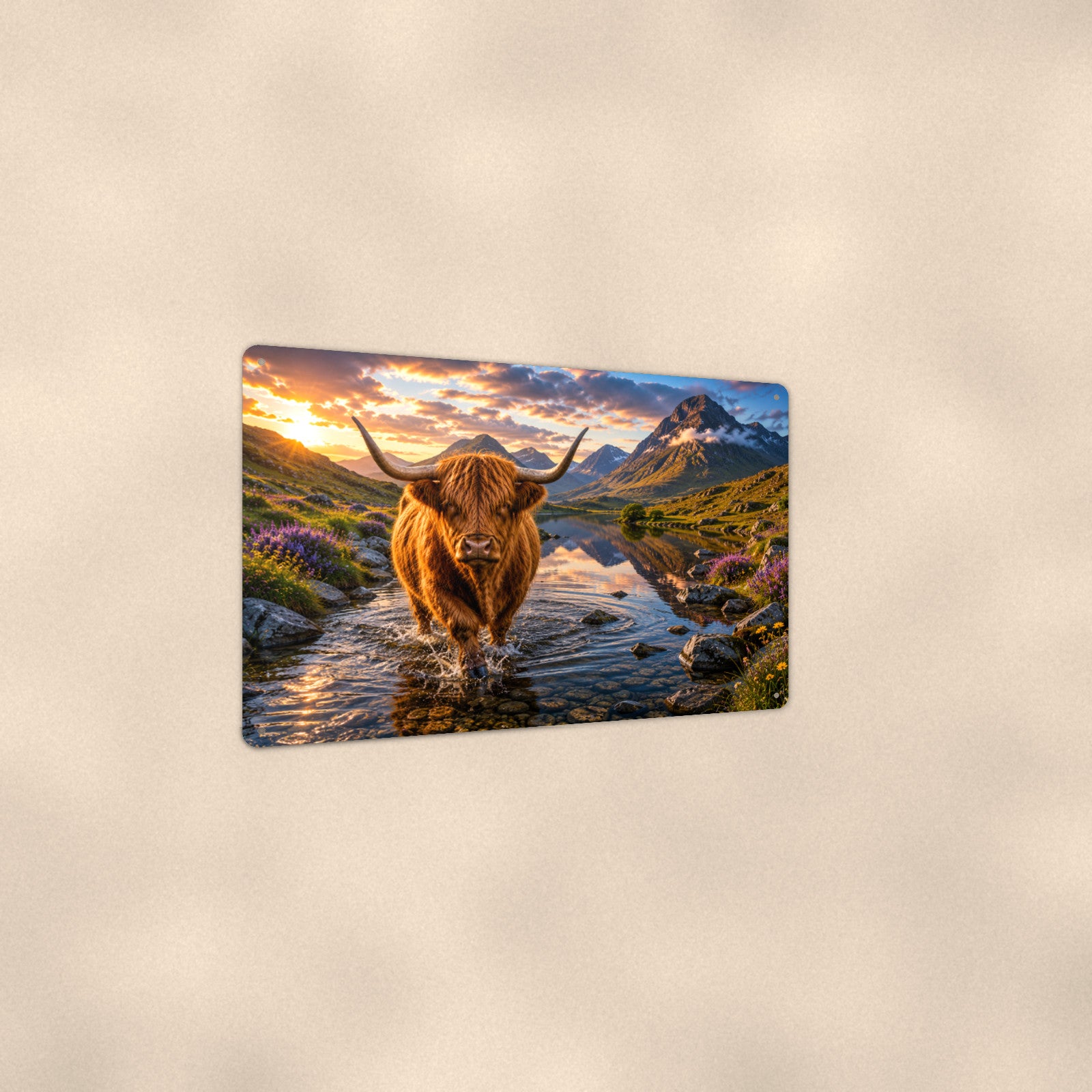 Highland Cow Mountain Stream aluminum metal sign 12" x 8" - angled view showing glossy finish