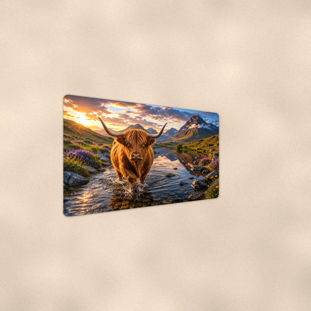 Highland Cow Mountain Stream aluminum metal sign 12" x 8" - angled wall view from a wider angle