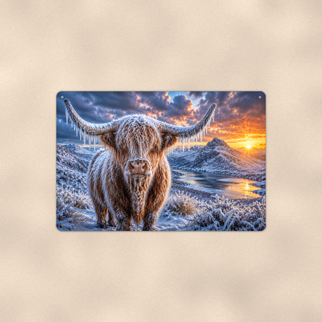 Frozen Highland Cow Winter Sunrise aluminum metal sign 12" x 8" - front view on warm wall