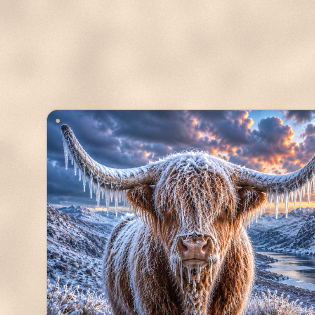 Frozen Highland Cow Winter Sunrise aluminum metal sign 12" x 8" - close-up view of the printed artwork