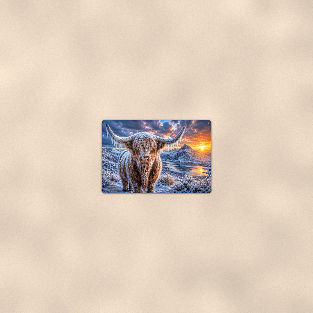 Frozen Highland Cow Winter Sunrise aluminum metal sign 12" x 8" - room view on warm wall