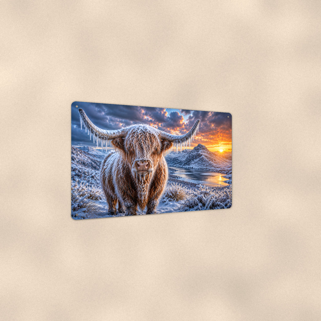 Frozen Highland Cow Winter Sunrise aluminum metal sign 12" x 8" - angled view showing glossy finish