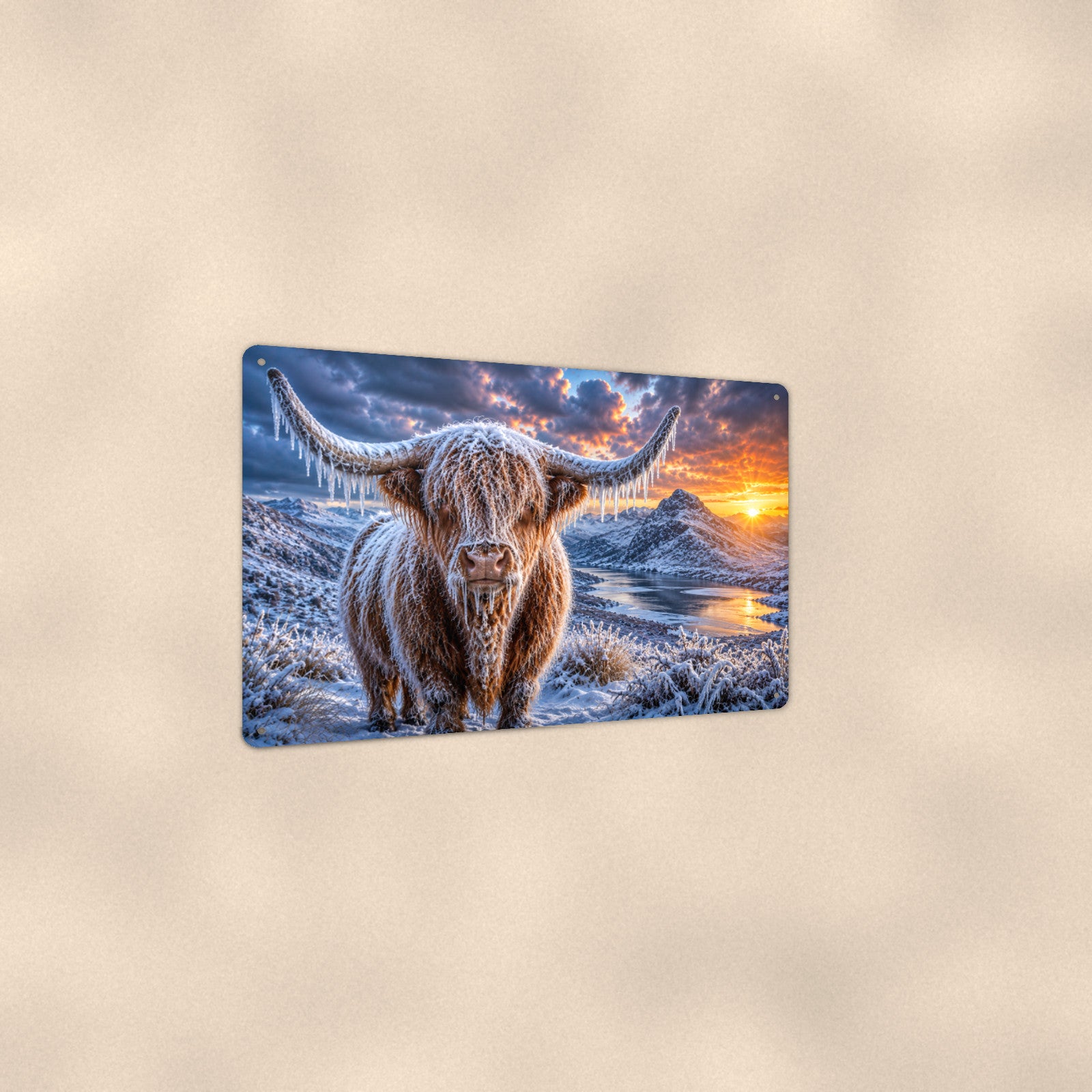 Frozen Highland Cow Winter Sunrise aluminum metal sign 12" x 8" - angled view showing glossy finish