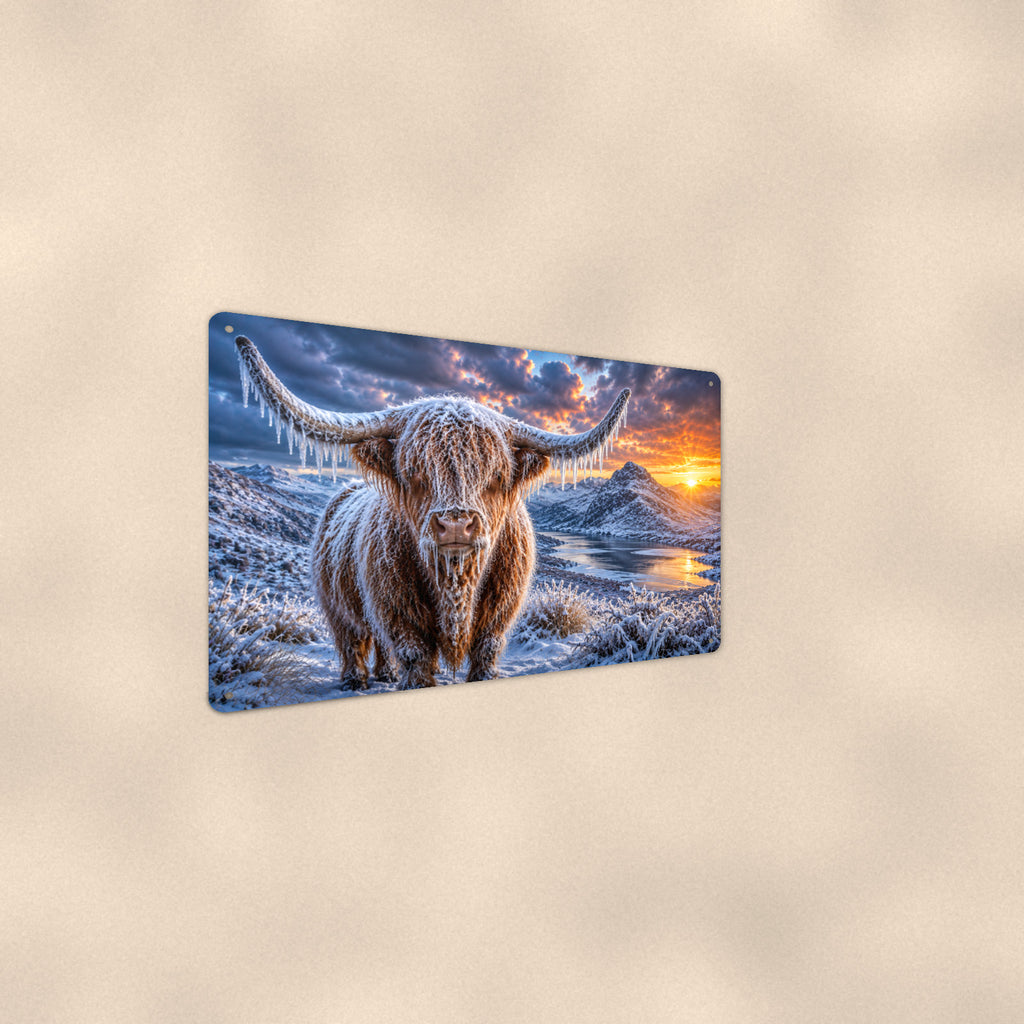 Frozen Highland Cow Winter Sunrise aluminum metal sign 12" x 8" - angled wall view from a wider angle