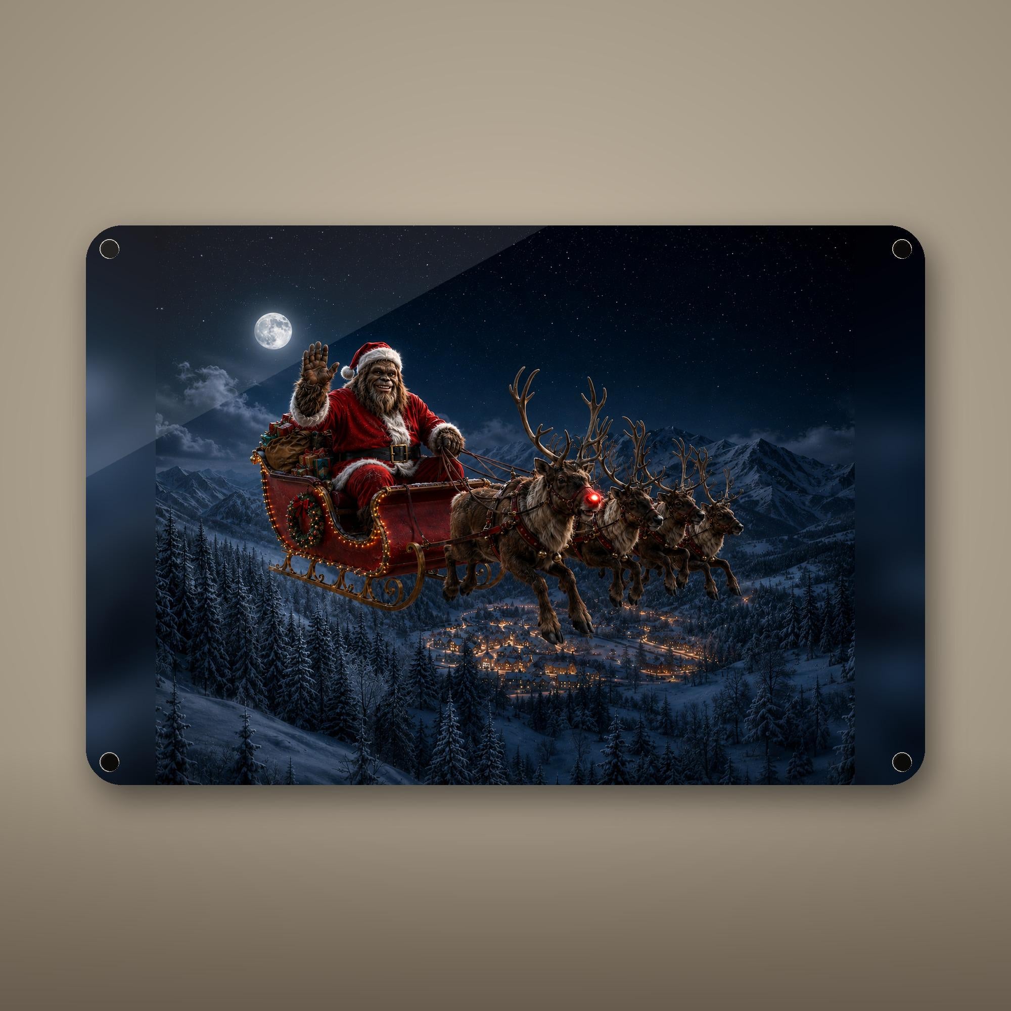 Santa Sleigh Bigfoot Aluminum Sign Bigfoot Aluminum Sign — front view on white background