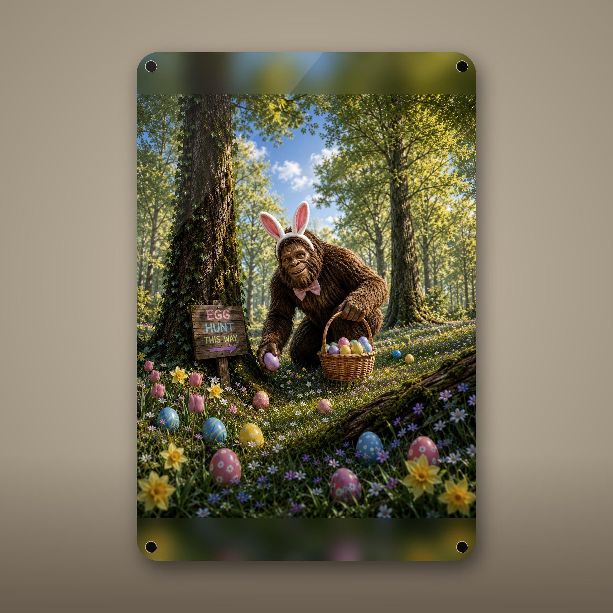 Easter Bigfoot Aluminum Sign Bigfoot Aluminum Sign — front view on white background