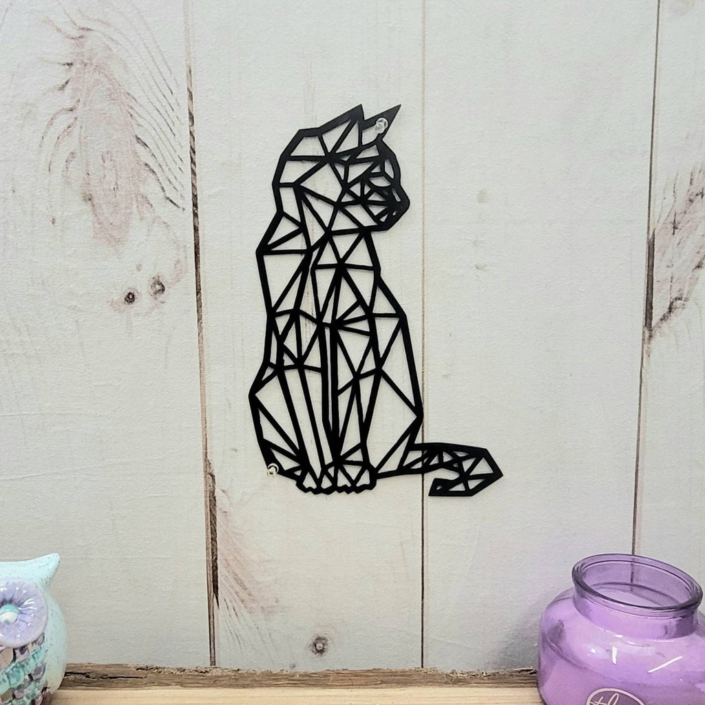 Minimalist Black Cat Metal Wall Art Aluminum Sign — shown on a rustic wall