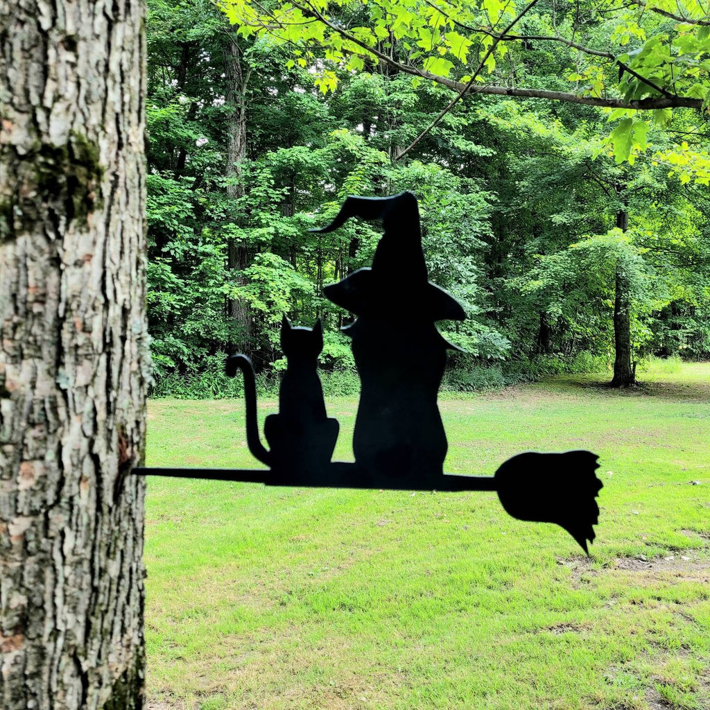 Witch and Cat Metal Garden Stake Metal Garden Stake — lifestyle setting