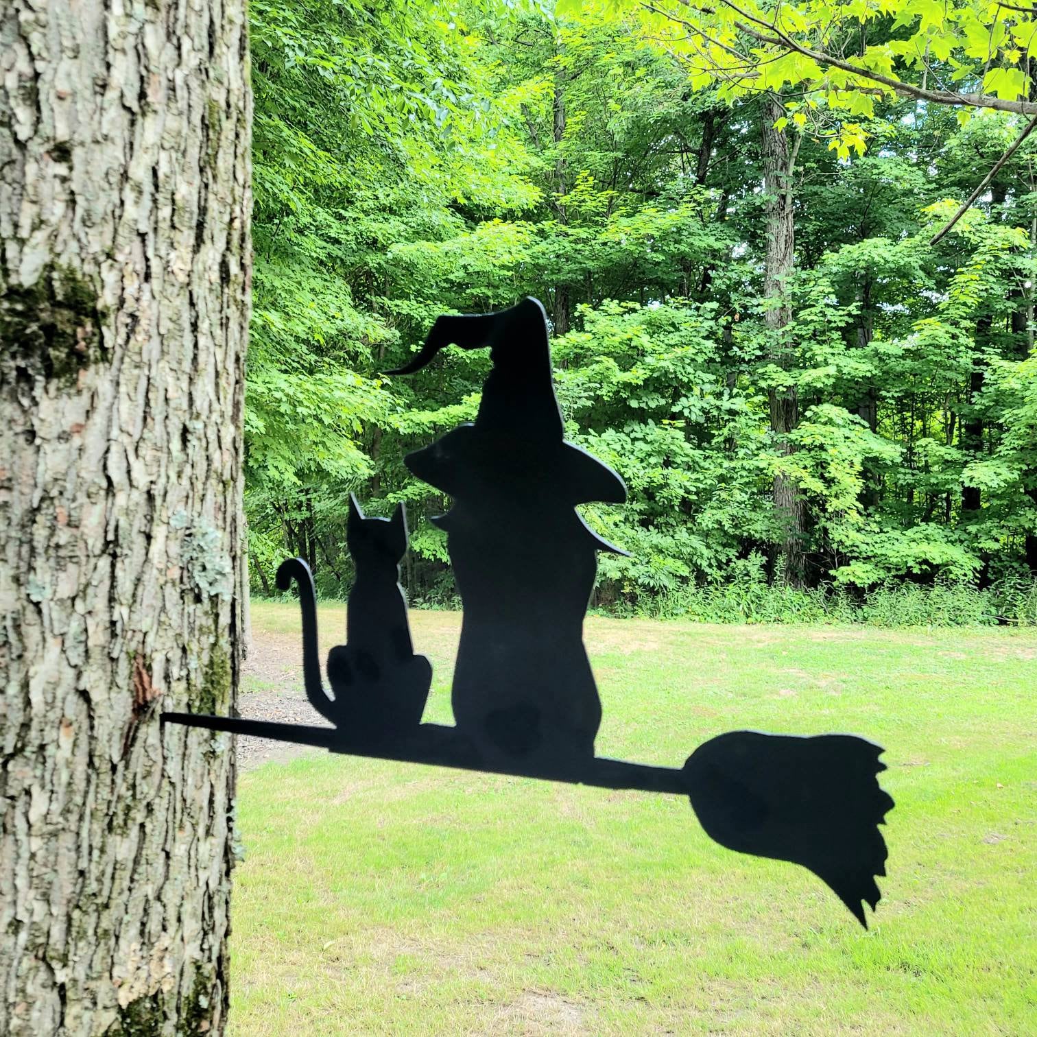 Witch and Cat Broom Garden Stake Metal Garden Stake — detail view