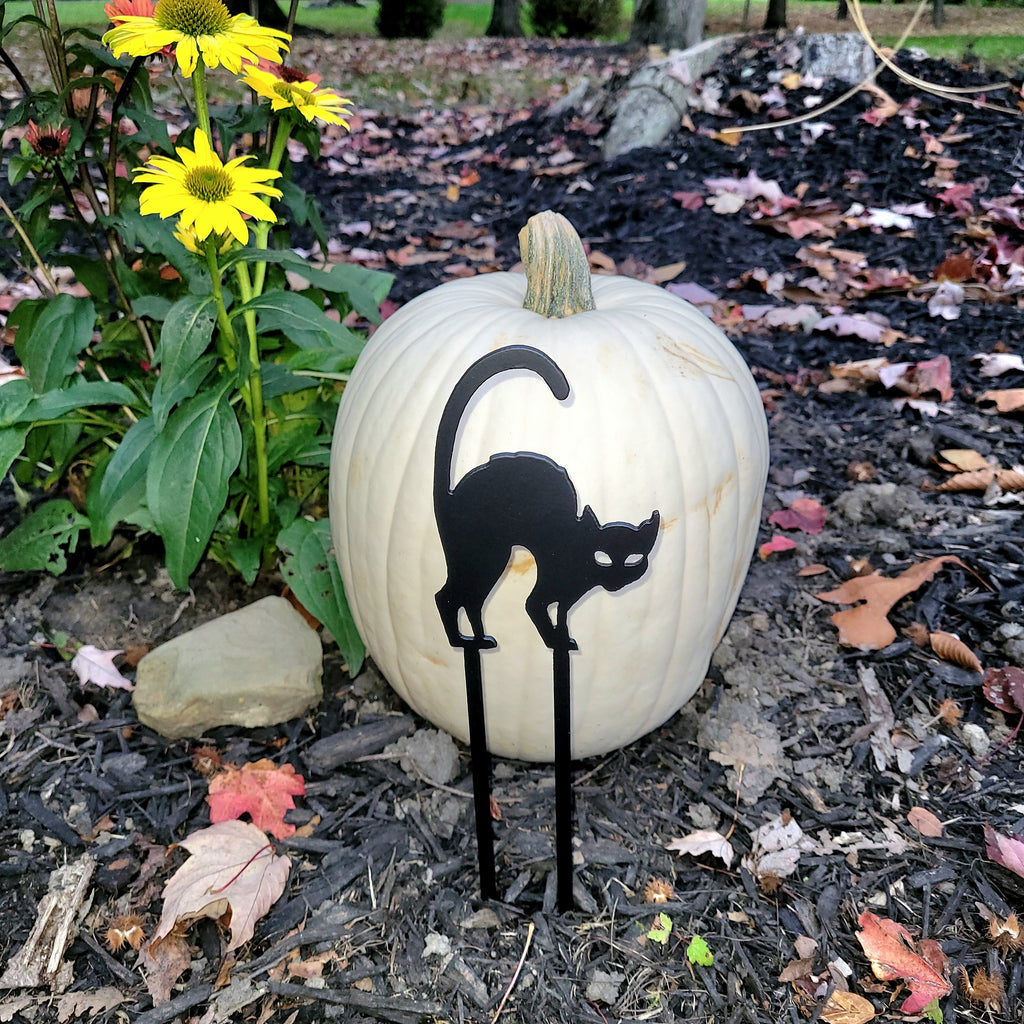Halloween Black Cat Metal Garden Stake Metal Garden Stake — shown on a rustic wall