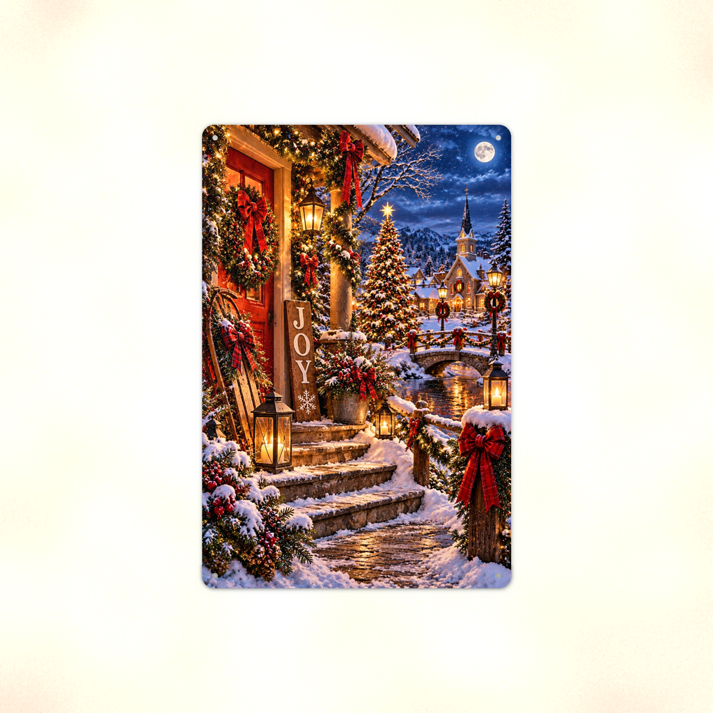 Aluminum sign showing a snowy Christmas village seen from a decorated porch, with a church across a bridge, displayed flat against a plain background.