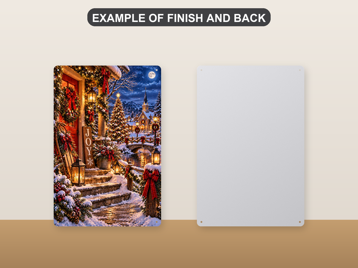 Front and back of the aluminum sign showing a snowy Christmas village seen from a decorated porch, with a church across a bridge - the printed face and the plain pre-drilled back.