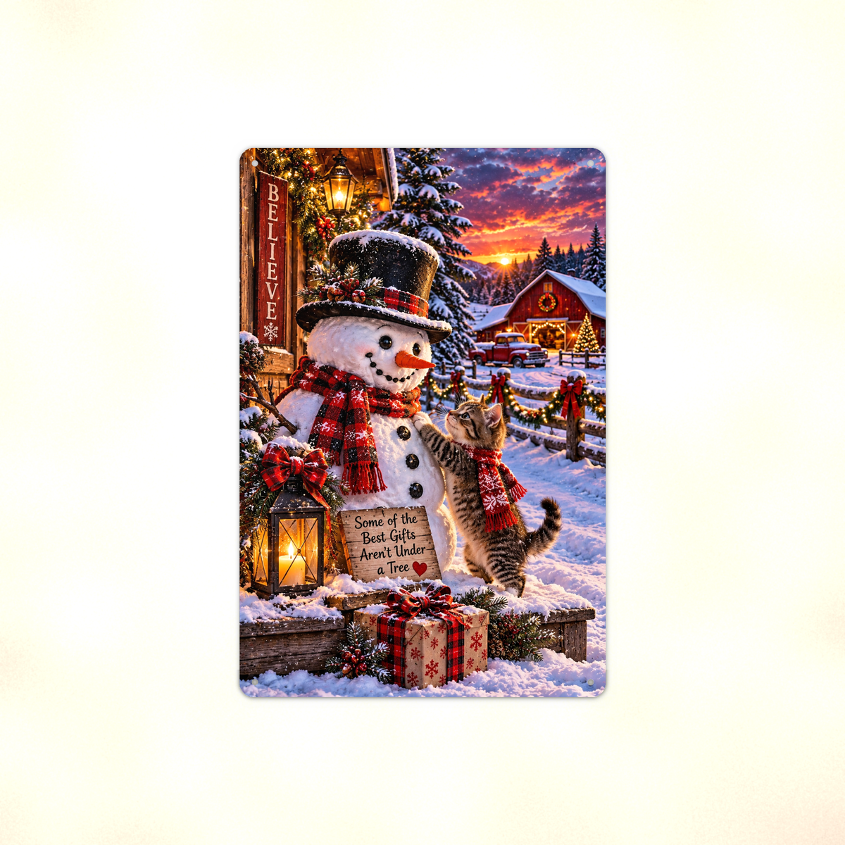 Aluminum sign showing a snowman in a top hat and plaid scarf with a kitten leaping onto his head, displayed flat against a plain background.