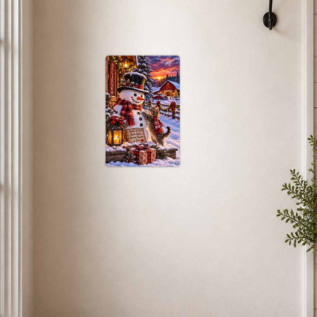 The aluminum sign showing a snowman in a top hat and plaid scarf with a kitten leaping onto his head, mounted on a cream wall near a coat hook and a potted plant.