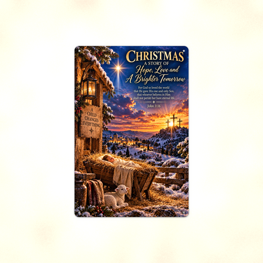 Aluminum sign showing a nativity manger scene with the star of Bethlehem and three crosses on a distant hill, displayed flat against a plain background.
