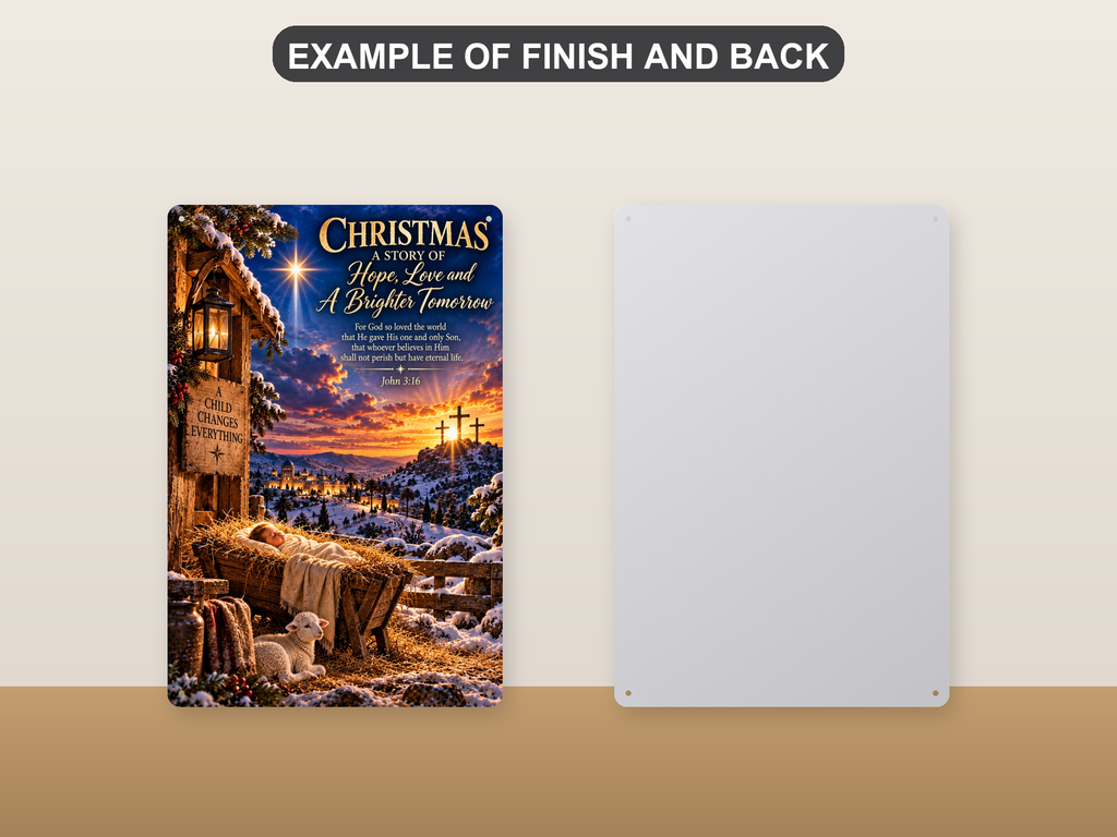 Front and back of the aluminum sign showing a nativity manger scene with the star of Bethlehem and three crosses on a distant hill - the printed face and the plain pre-drilled back.