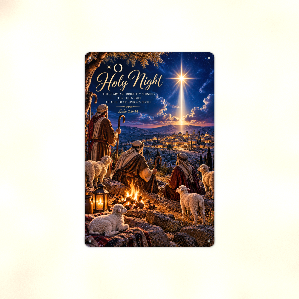 Aluminum sign showing shepherds and their lambs overlooking Bethlehem under the star, displayed flat against a plain background.